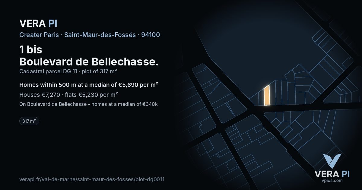 1 bis Boulevard de Bellechasse, Saint-Maur-des-Fossés at night – the plot lit, the parcels around coloured by the prices near them