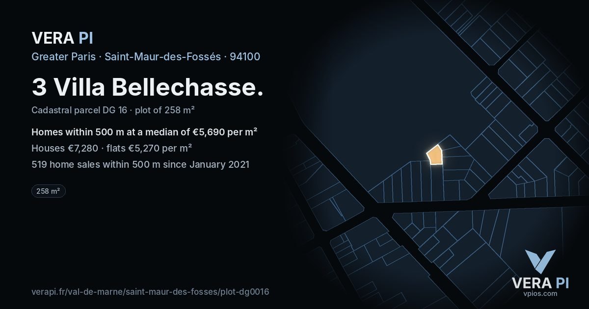 3 Villa Bellechasse, Saint-Maur-des-Fossés at night – the plot lit, the parcels around coloured by the prices near them