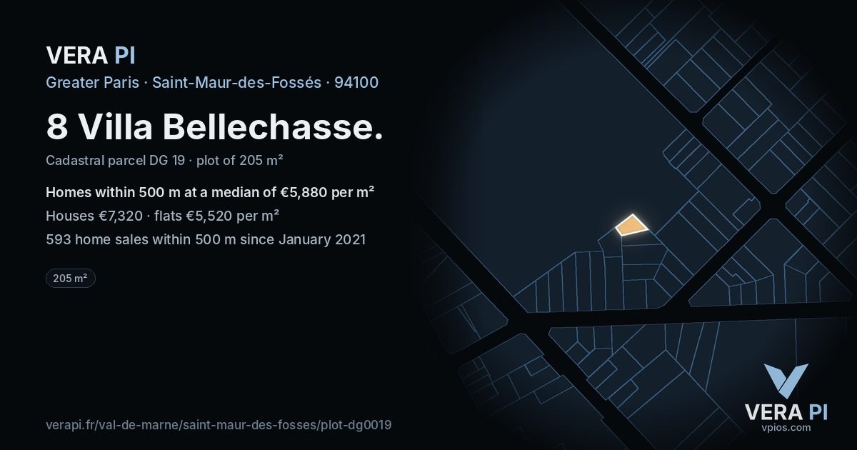 8 Villa Bellechasse, Saint-Maur-des-Fossés at night – the plot lit, the parcels around coloured by the prices near them