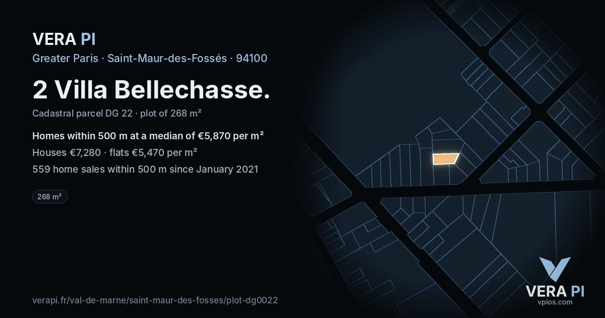 2 Villa Bellechasse, Saint-Maur-des-Fossés at night – the plot lit, the parcels around coloured by the prices near them