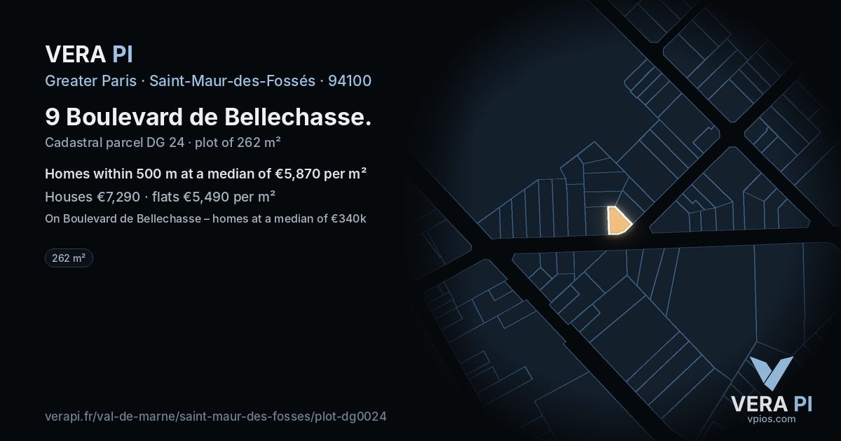 9 Boulevard de Bellechasse, Saint-Maur-des-Fossés at night – the plot lit, the parcels around coloured by the prices near them