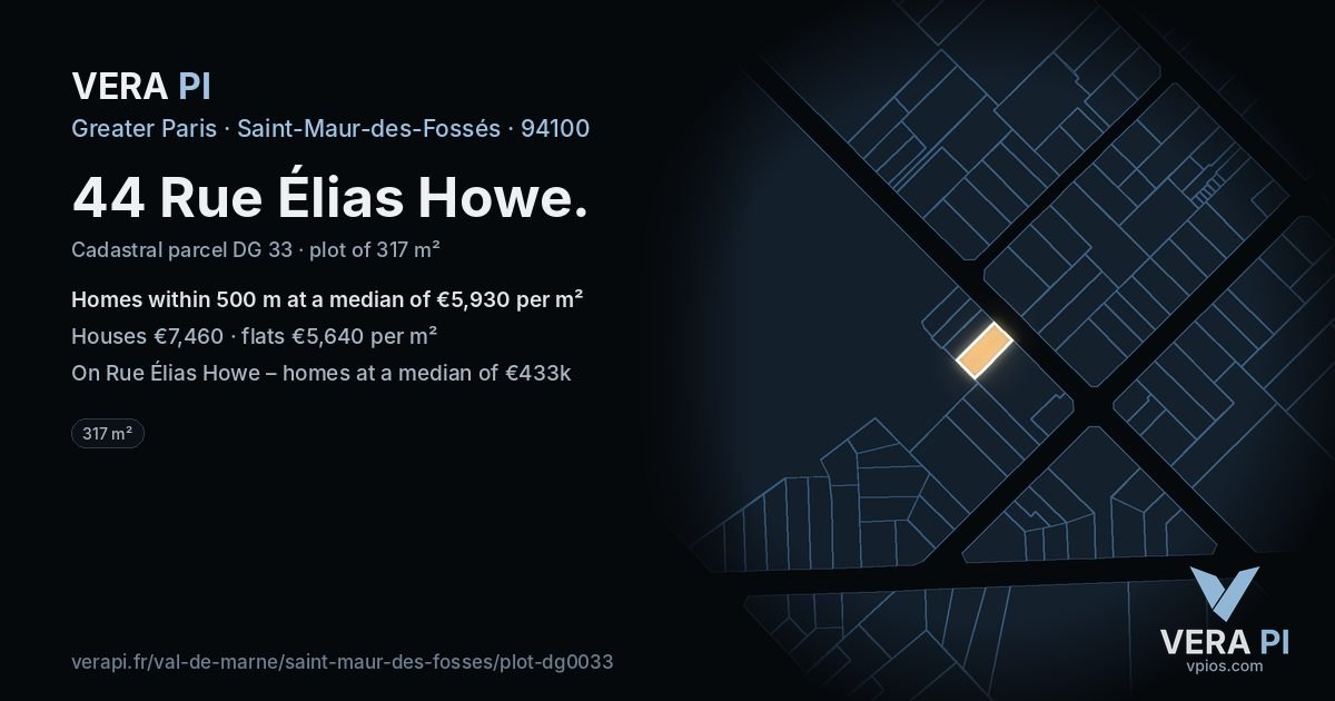44 Rue Élias Howe, Saint-Maur-des-Fossés at night – the plot lit, the parcels around coloured by the prices near them