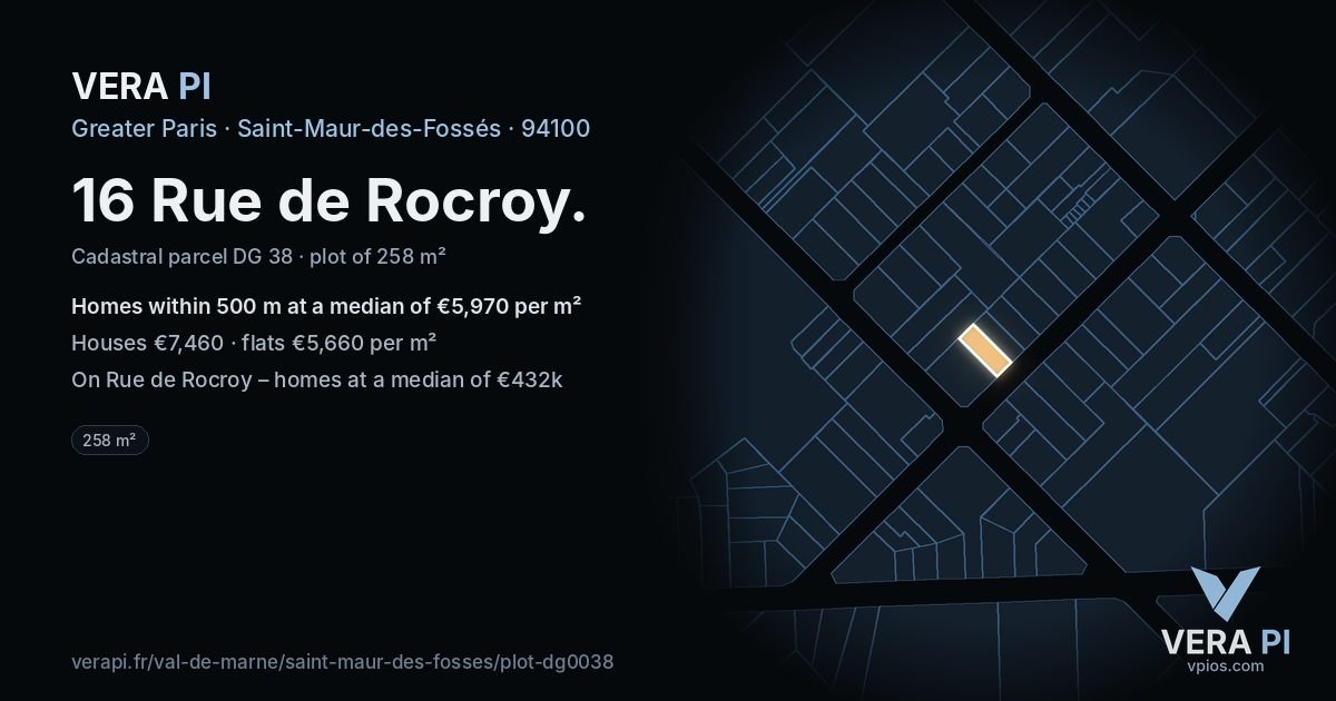 16 Rue de Rocroy, Saint-Maur-des-Fossés at night – the plot lit, the parcels around coloured by the prices near them