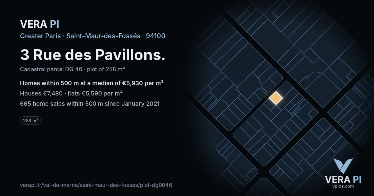3 Rue des Pavillons, Saint-Maur-des-Fossés at night – the plot lit, the parcels around coloured by the prices near them