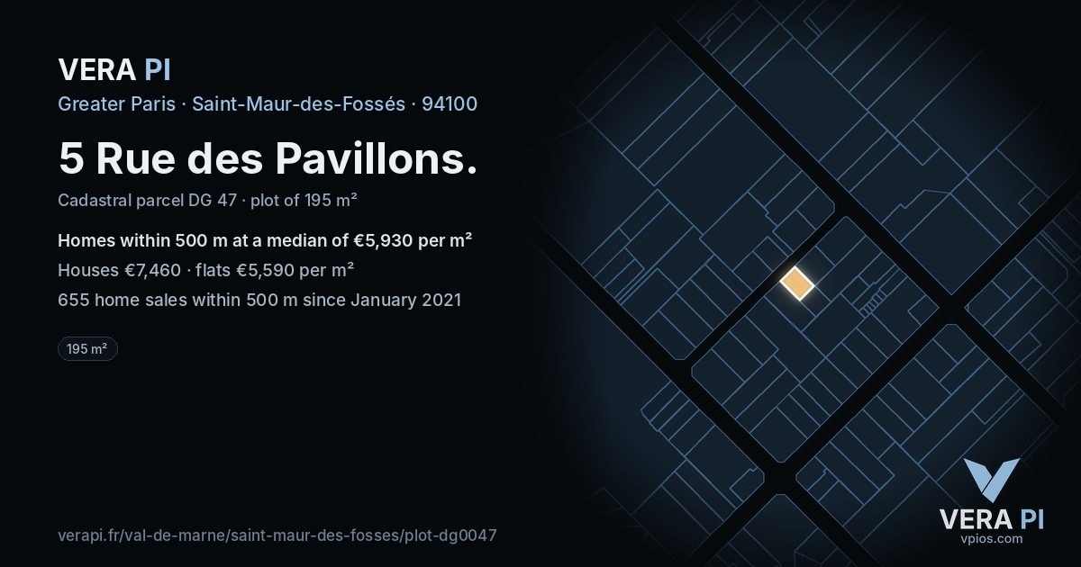 5 Rue des Pavillons, Saint-Maur-des-Fossés at night – the plot lit, the parcels around coloured by the prices near them