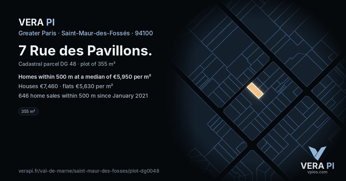7 Rue des Pavillons, Saint-Maur-des-Fossés at night – the plot lit, the parcels around coloured by the prices near them