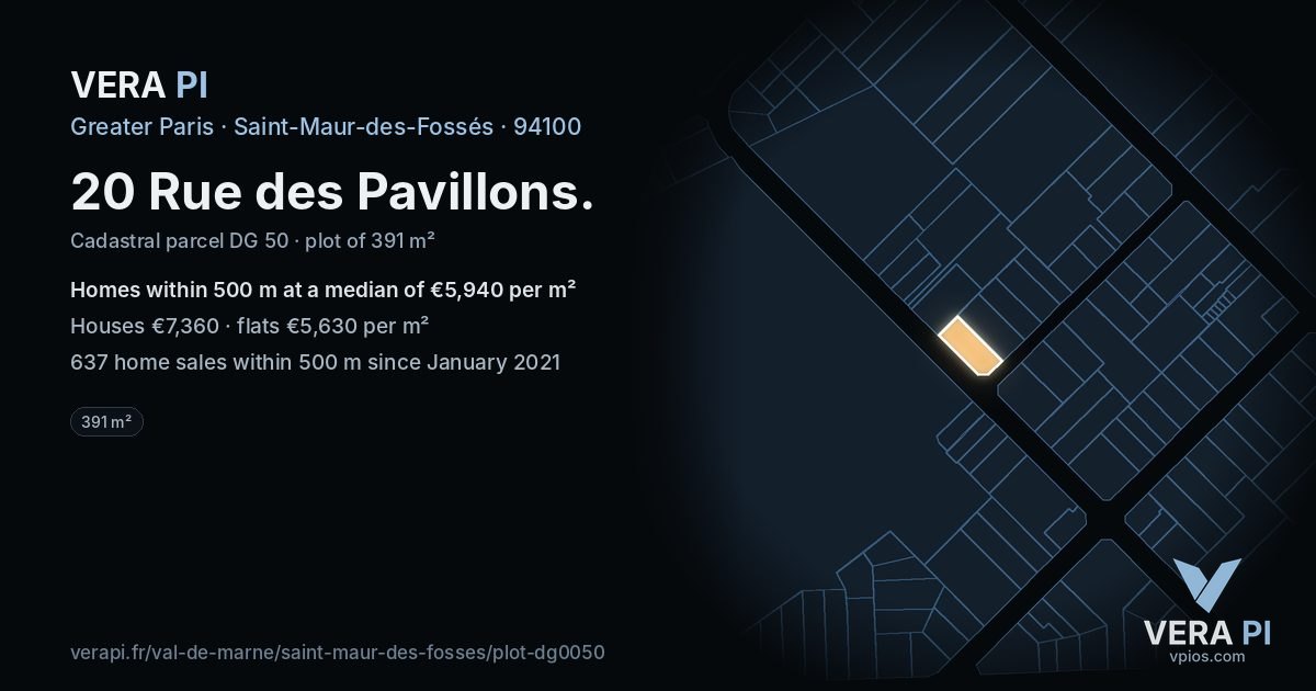 20 Rue des Pavillons, Saint-Maur-des-Fossés at night – the plot lit, the parcels around coloured by the prices near them