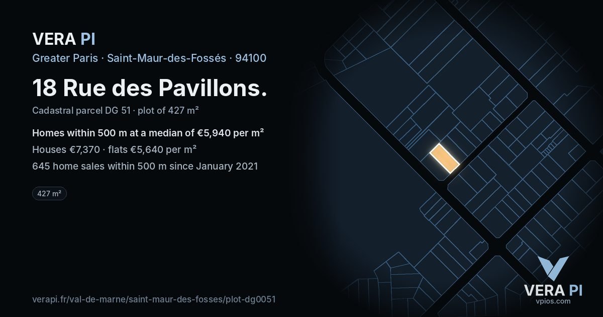 18 Rue des Pavillons, Saint-Maur-des-Fossés at night – the plot lit, the parcels around coloured by the prices near them