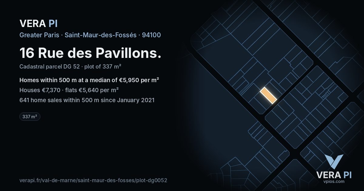 16 Rue des Pavillons, Saint-Maur-des-Fossés at night – the plot lit, the parcels around coloured by the prices near them
