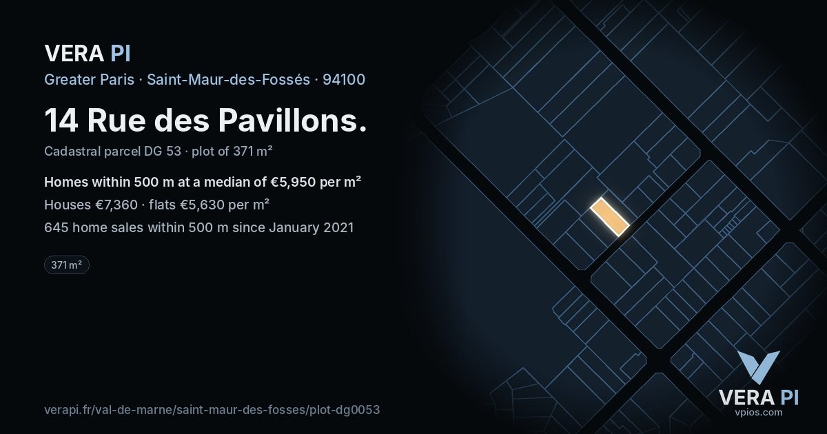 14 Rue des Pavillons, Saint-Maur-des-Fossés at night – the plot lit, the parcels around coloured by the prices near them