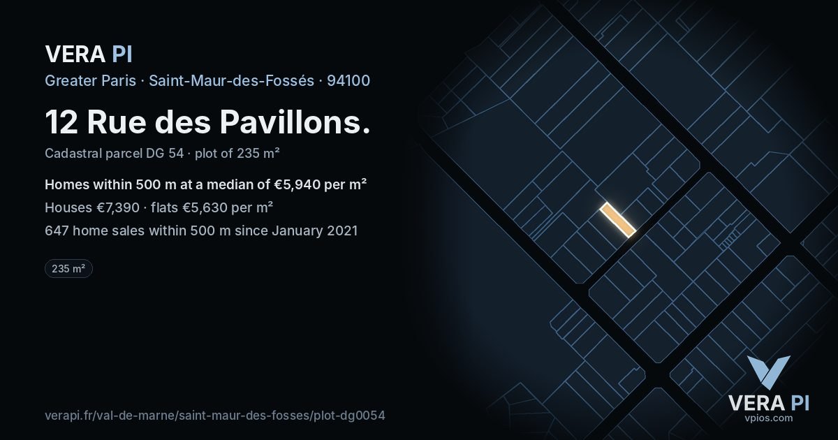 12 Rue des Pavillons, Saint-Maur-des-Fossés at night – the plot lit, the parcels around coloured by the prices near them
