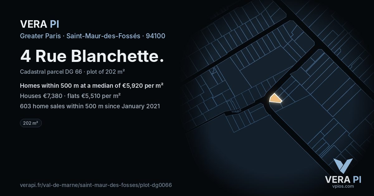 4 Rue Blanchette, Saint-Maur-des-Fossés at night – the plot lit, the parcels around coloured by the prices near them