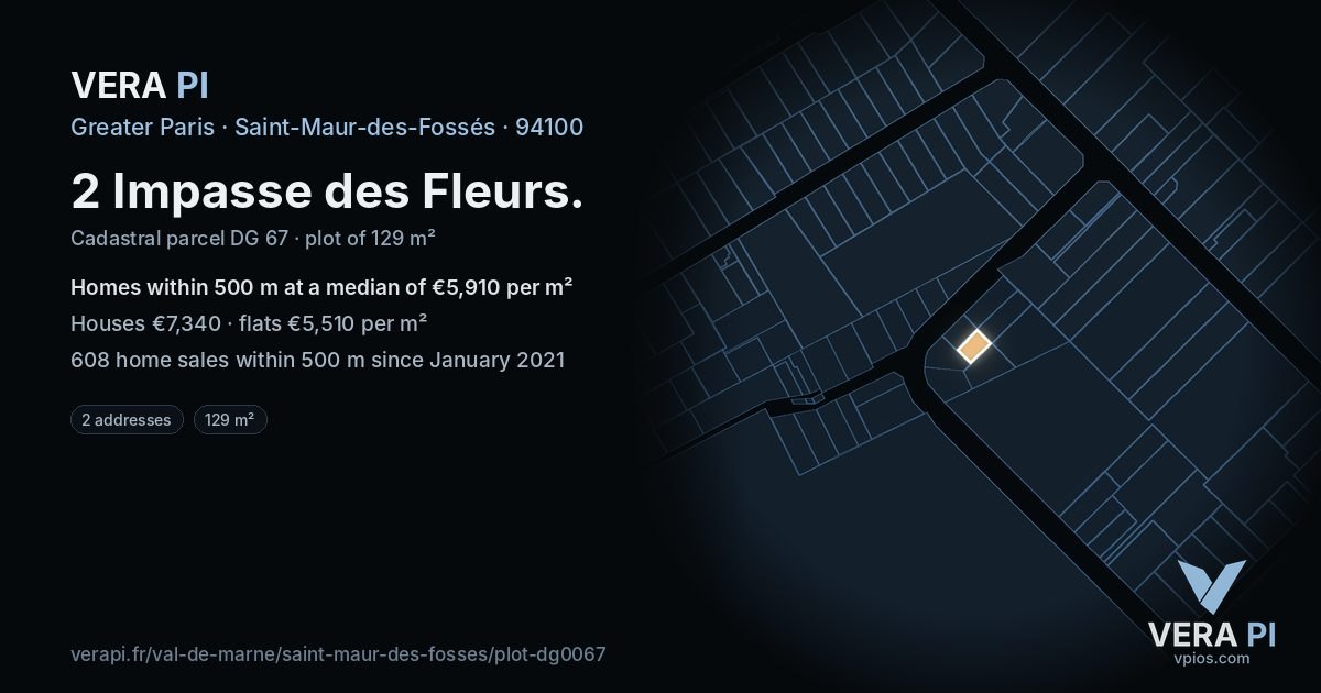 2 Impasse des Fleurs, Saint-Maur-des-Fossés at night – the plot lit, the parcels around coloured by the prices near them
