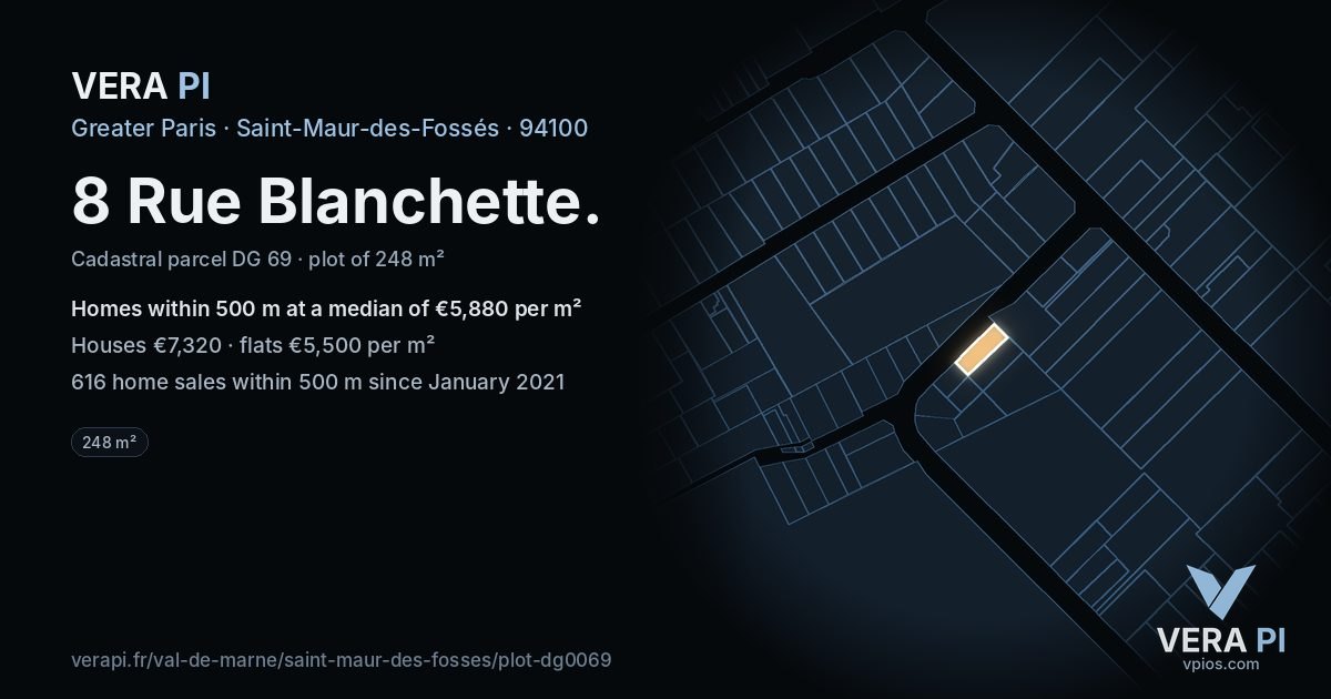 8 Rue Blanchette, Saint-Maur-des-Fossés at night – the plot lit, the parcels around coloured by the prices near them
