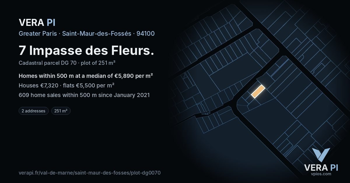 7 Impasse des Fleurs, Saint-Maur-des-Fossés at night – the plot lit, the parcels around coloured by the prices near them