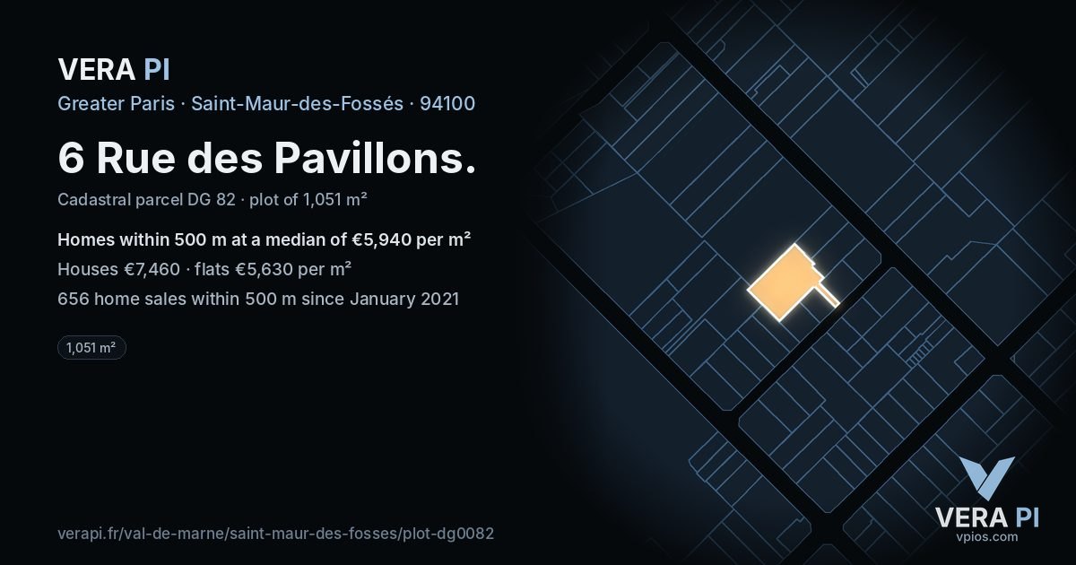 6 Rue des Pavillons, Saint-Maur-des-Fossés at night – the plot lit, the parcels around coloured by the prices near them