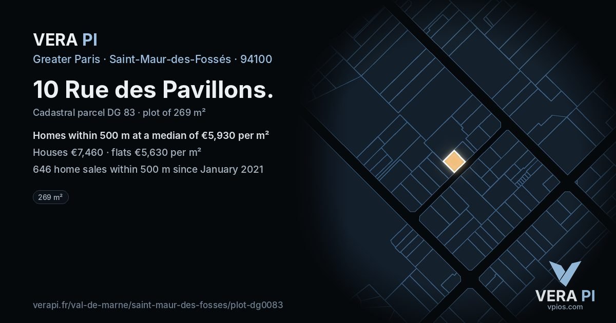 10 Rue des Pavillons, Saint-Maur-des-Fossés at night – the plot lit, the parcels around coloured by the prices near them