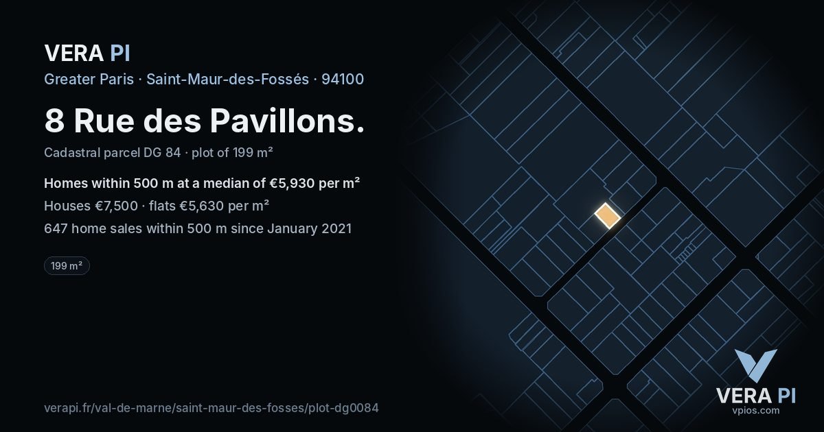 8 Rue des Pavillons, Saint-Maur-des-Fossés at night – the plot lit, the parcels around coloured by the prices near them