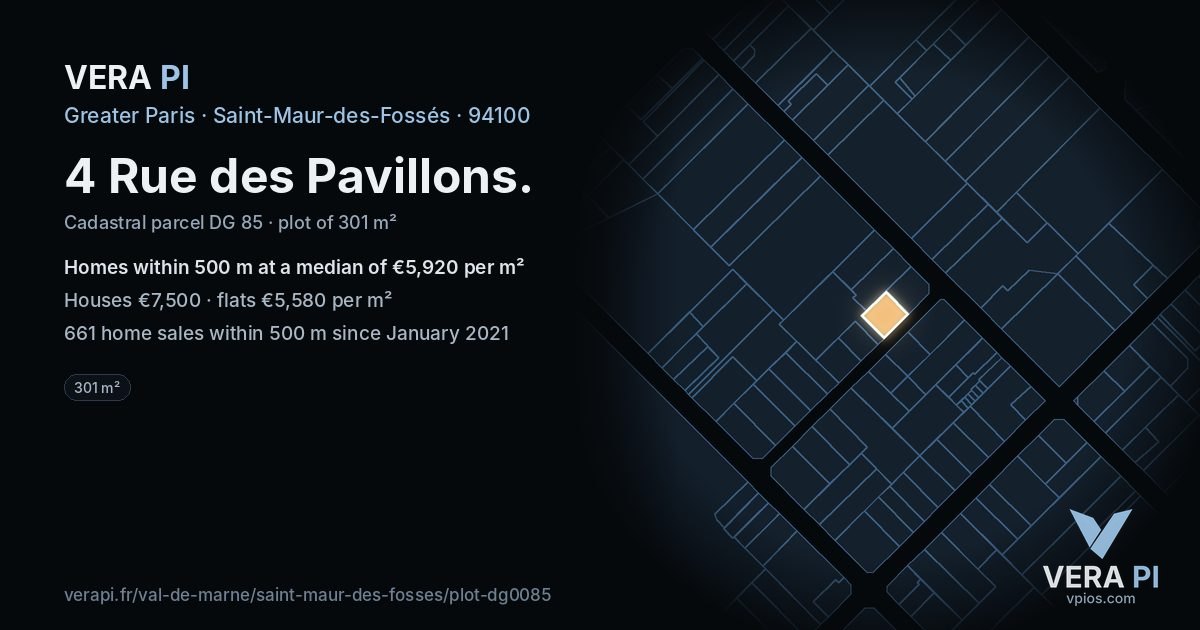 4 Rue des Pavillons, Saint-Maur-des-Fossés at night – the plot lit, the parcels around coloured by the prices near them