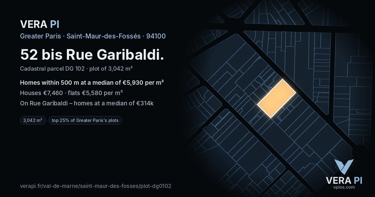 52 bis Rue Garibaldi, Saint-Maur-des-Fossés at night – the plot lit, the parcels around coloured by the prices near them
