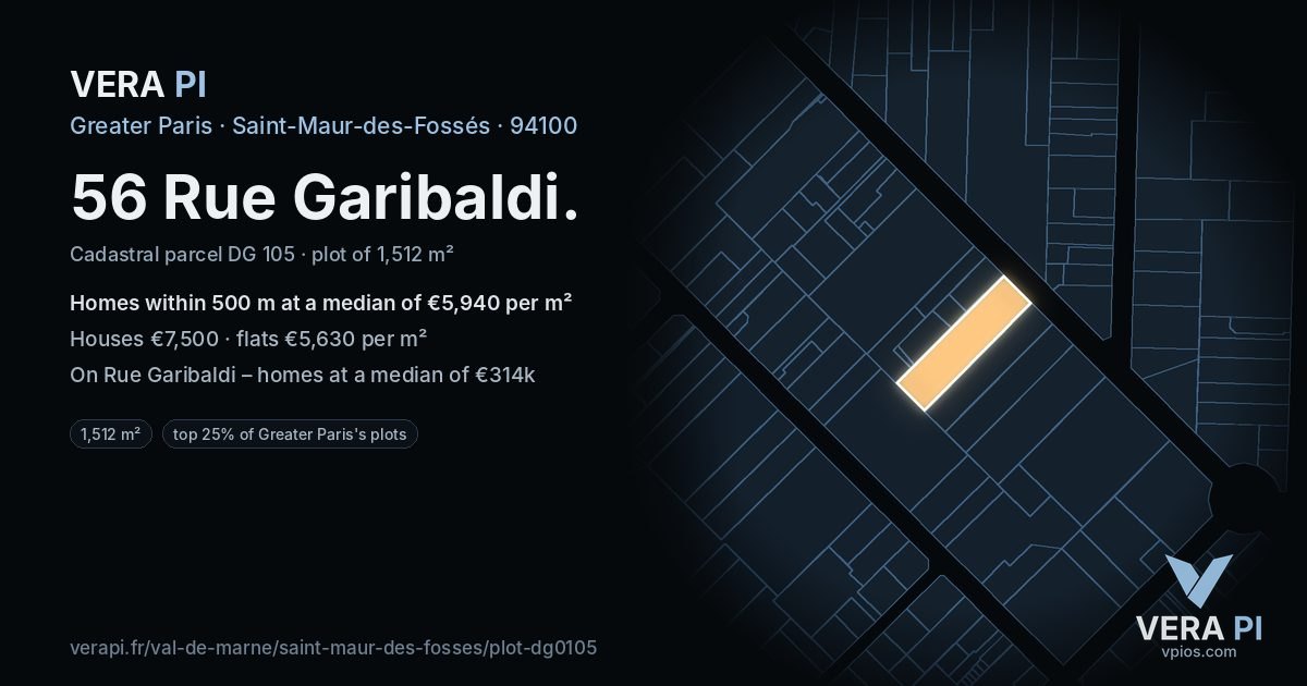 56 Rue Garibaldi, Saint-Maur-des-Fossés at night – the plot lit, the parcels around coloured by the prices near them