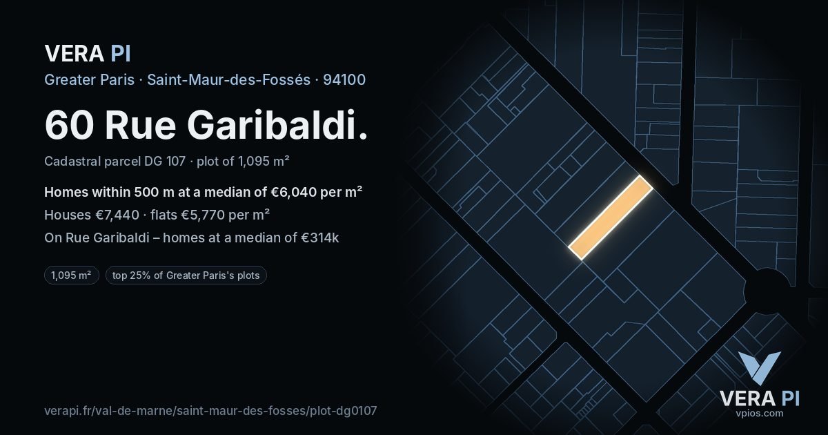 60 Rue Garibaldi, Saint-Maur-des-Fossés at night – the plot lit, the parcels around coloured by the prices near them