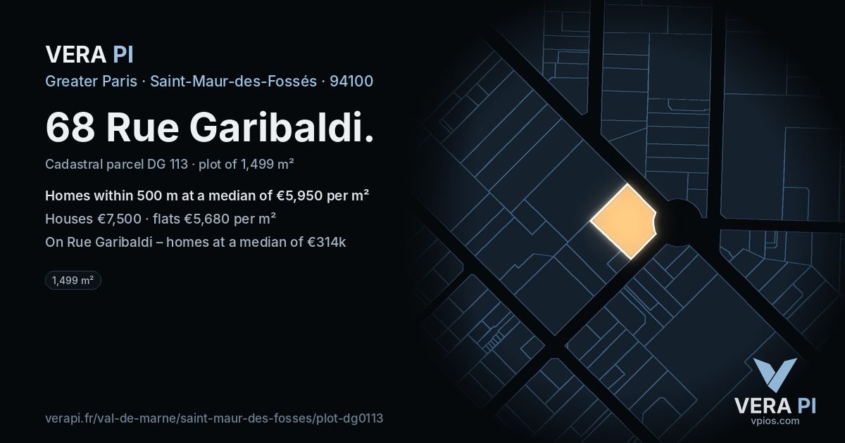 68 Rue Garibaldi, Saint-Maur-des-Fossés at night – the plot lit, the parcels around coloured by the prices near them