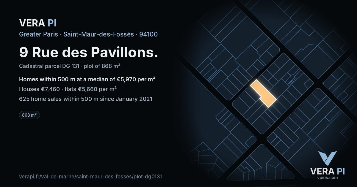9 Rue des Pavillons, Saint-Maur-des-Fossés at night – the plot lit, the parcels around coloured by the prices near them