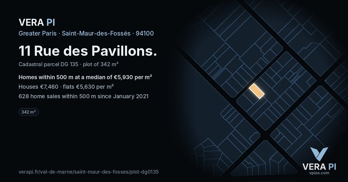 11 Rue des Pavillons, Saint-Maur-des-Fossés at night – the plot lit, the parcels around coloured by the prices near them