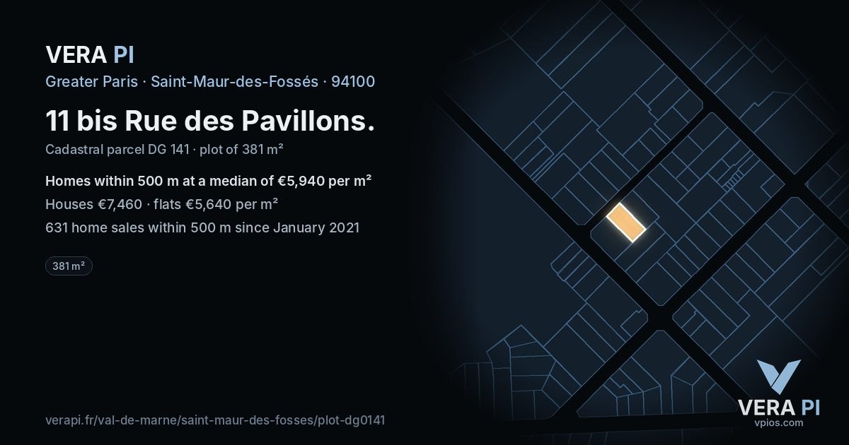 11 bis Rue des Pavillons, Saint-Maur-des-Fossés at night – the plot lit, the parcels around coloured by the prices near them