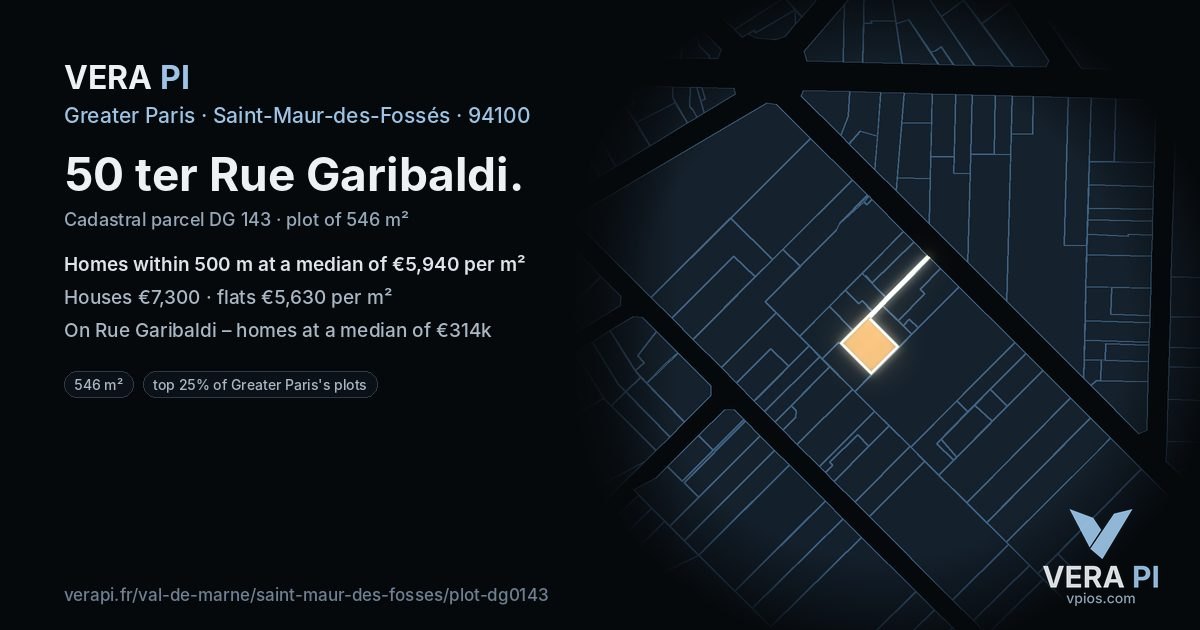 50 ter Rue Garibaldi, Saint-Maur-des-Fossés at night – the plot lit, the parcels around coloured by the prices near them