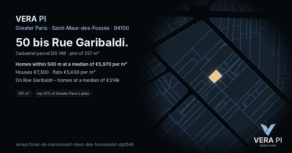 50 bis Rue Garibaldi, Saint-Maur-des-Fossés at night – the plot lit, the parcels around coloured by the prices near them