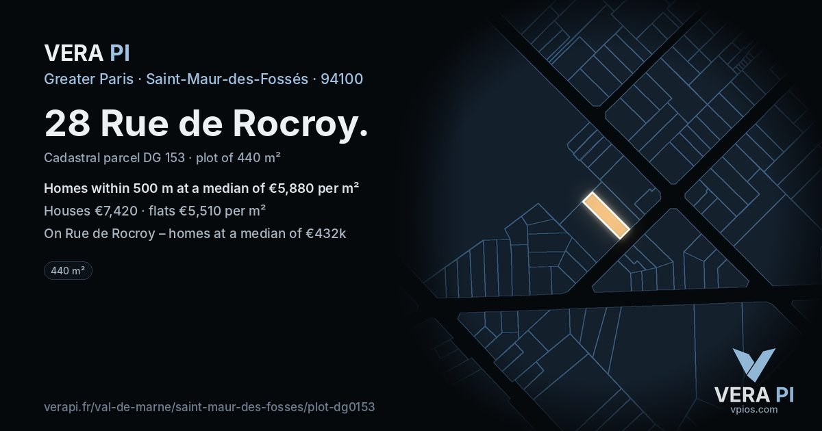 28 Rue de Rocroy, Saint-Maur-des-Fossés at night – the plot lit, the parcels around coloured by the prices near them