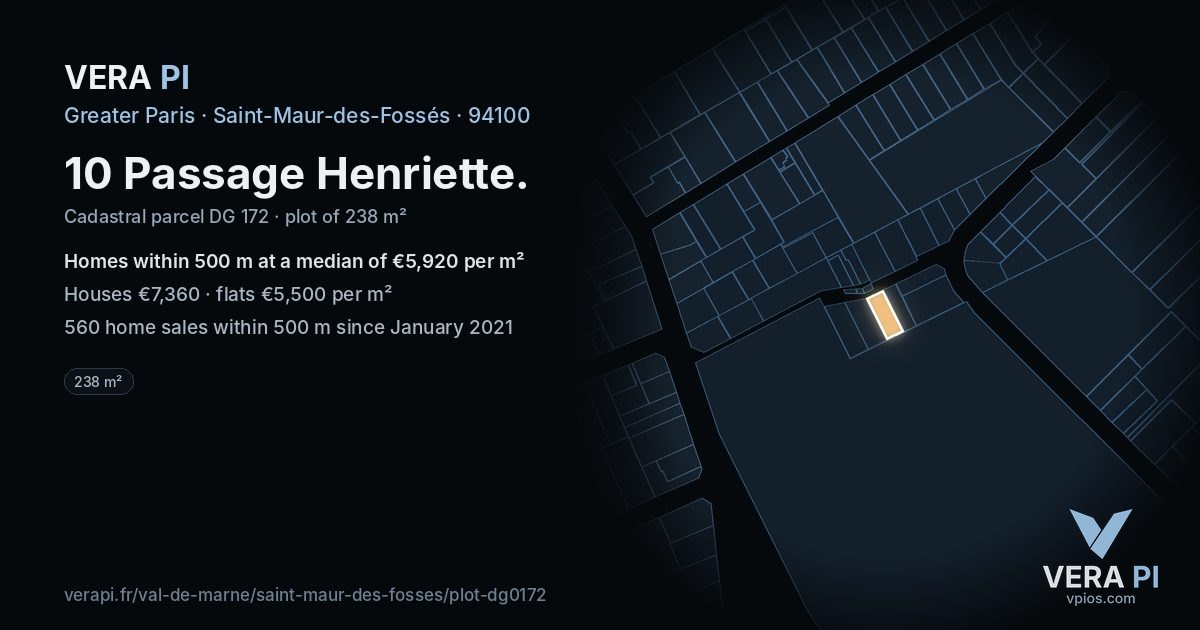 10 Passage Henriette, Saint-Maur-des-Fossés at night – the plot lit, the parcels around coloured by the prices near them