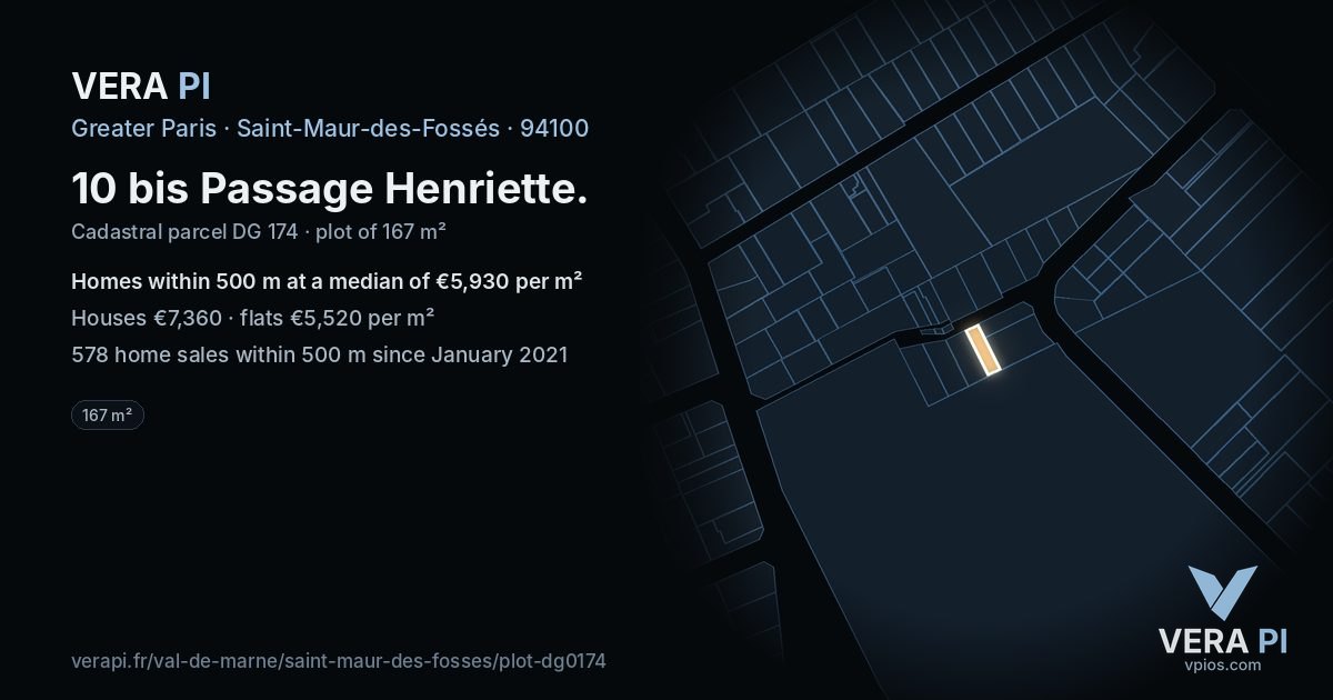 10 bis Passage Henriette, Saint-Maur-des-Fossés at night – the plot lit, the parcels around coloured by the prices near them