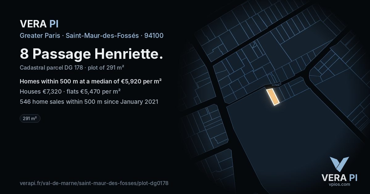 8 Passage Henriette, Saint-Maur-des-Fossés at night – the plot lit, the parcels around coloured by the prices near them
