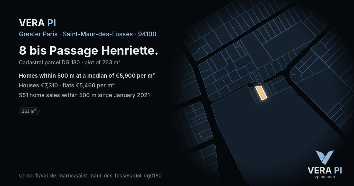 8 bis Passage Henriette, Saint-Maur-des-Fossés at night – the plot lit, the parcels around coloured by the prices near them