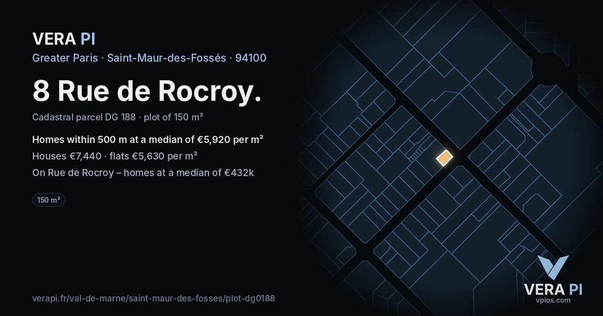 8 Rue de Rocroy, Saint-Maur-des-Fossés at night – the plot lit, the parcels around coloured by the prices near them