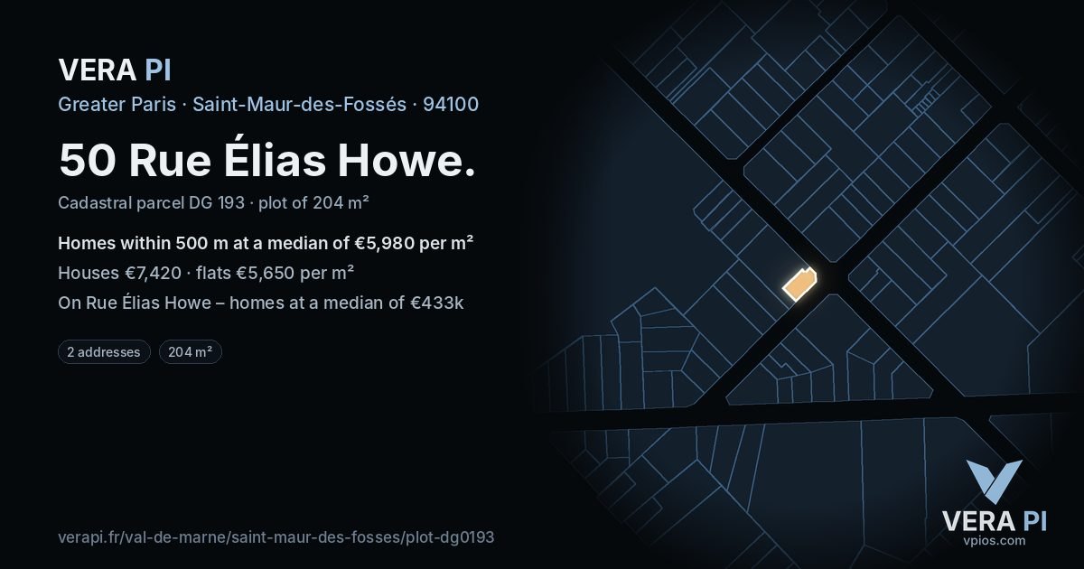 50 Rue Élias Howe, Saint-Maur-des-Fossés at night – the plot lit, the parcels around coloured by the prices near them