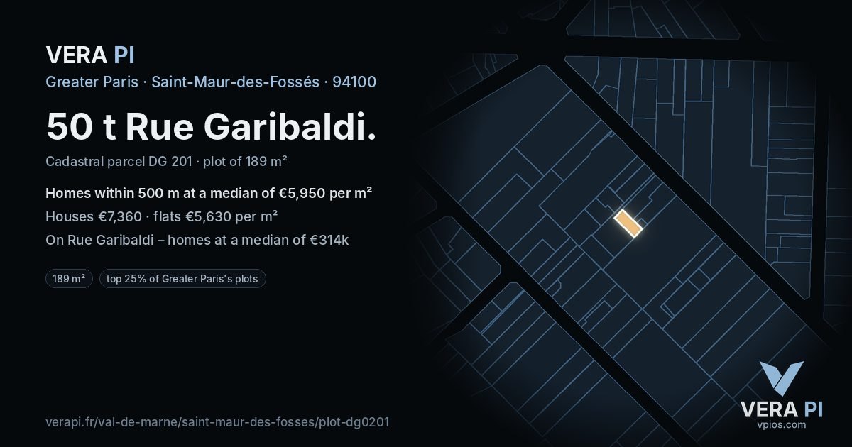 50 t Rue Garibaldi, Saint-Maur-des-Fossés at night – the plot lit, the parcels around coloured by the prices near them