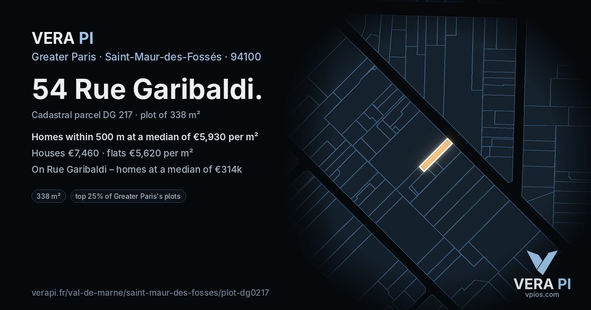 54 Rue Garibaldi, Saint-Maur-des-Fossés at night – the plot lit, the parcels around coloured by the prices near them