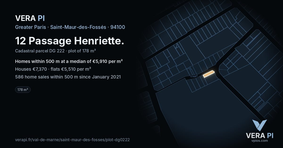 12 Passage Henriette, Saint-Maur-des-Fossés at night – the plot lit, the parcels around coloured by the prices near them