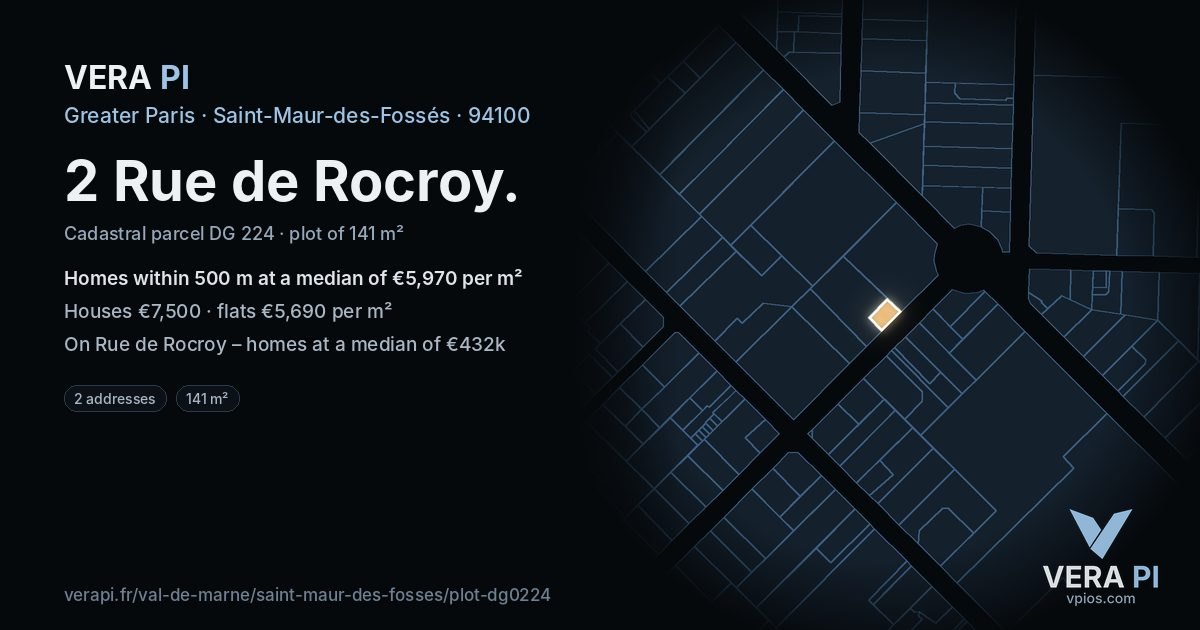 2 Rue de Rocroy, Saint-Maur-des-Fossés at night – the plot lit, the parcels around coloured by the prices near them