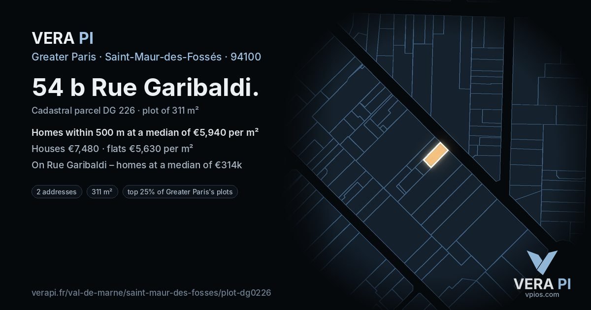 54 b Rue Garibaldi, Saint-Maur-des-Fossés at night – the plot lit, the parcels around coloured by the prices near them