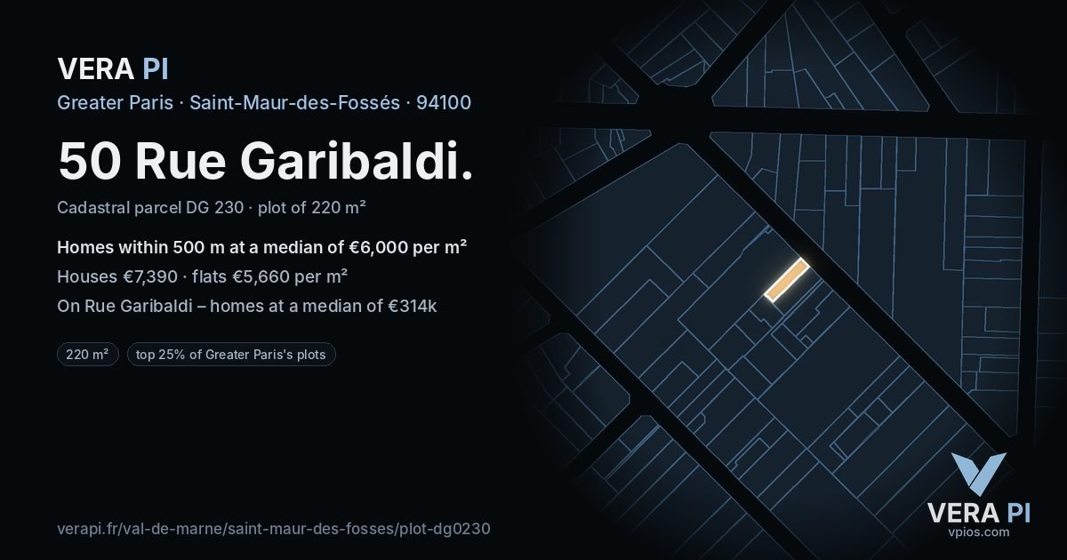 50 Rue Garibaldi, Saint-Maur-des-Fossés at night – the plot lit, the parcels around coloured by the prices near them
