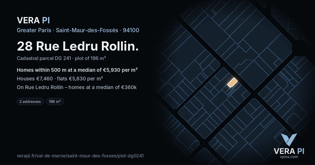 28 Rue Ledru Rollin, Saint-Maur-des-Fossés at night – the plot lit, the parcels around coloured by the prices near them