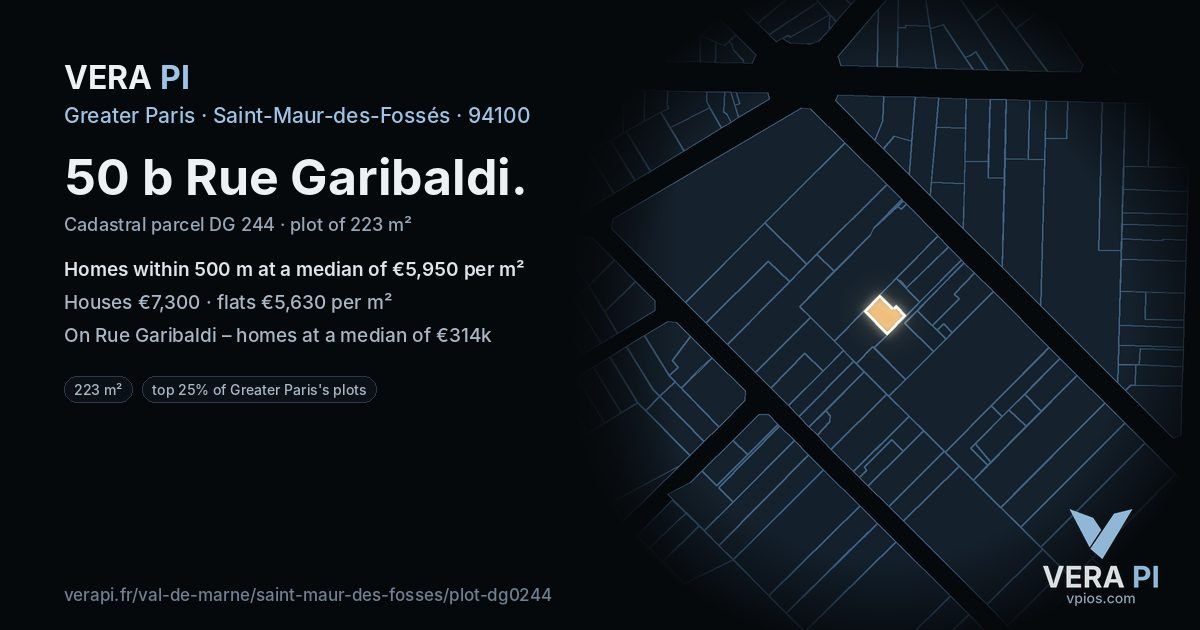 50 b Rue Garibaldi, Saint-Maur-des-Fossés at night – the plot lit, the parcels around coloured by the prices near them