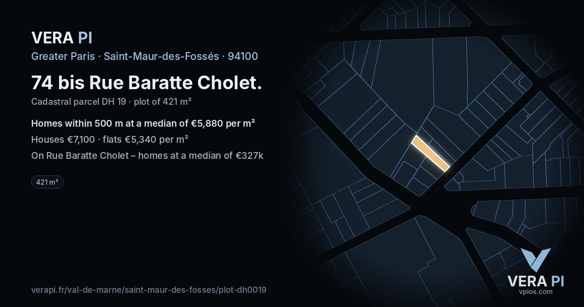 74 bis Rue Baratte Cholet, Saint-Maur-des-Fossés at night – the plot lit, the parcels around coloured by the prices near them