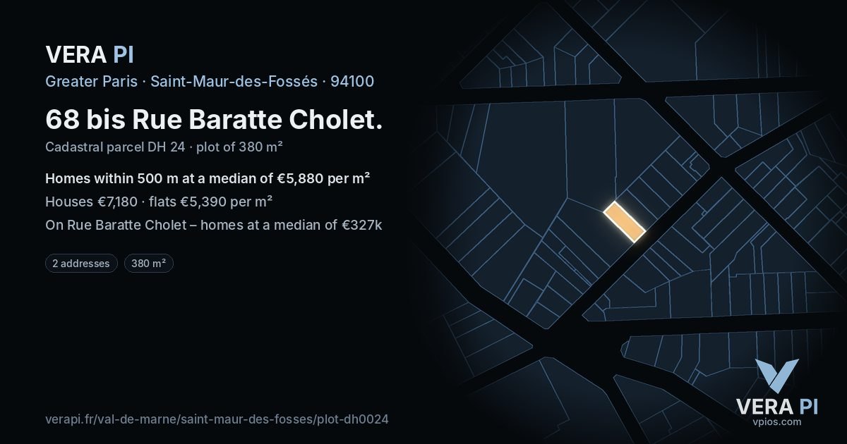 68 bis Rue Baratte Cholet, Saint-Maur-des-Fossés at night – the plot lit, the parcels around coloured by the prices near them