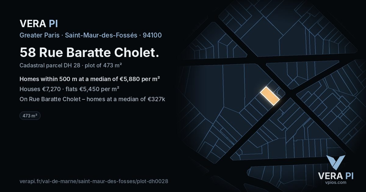 58 Rue Baratte Cholet, Saint-Maur-des-Fossés at night – the plot lit, the parcels around coloured by the prices near them